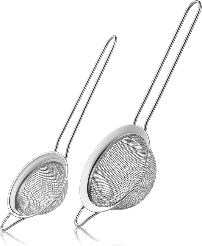 2 Pack Fine Mesh Strainers, Mini Stainless Steel Strainer with Handle for Kitchen, Metal Sieve Sifters for Straining Tea, Matcha, Cocktail, Juice and Coffee (8.6in 7.5in)