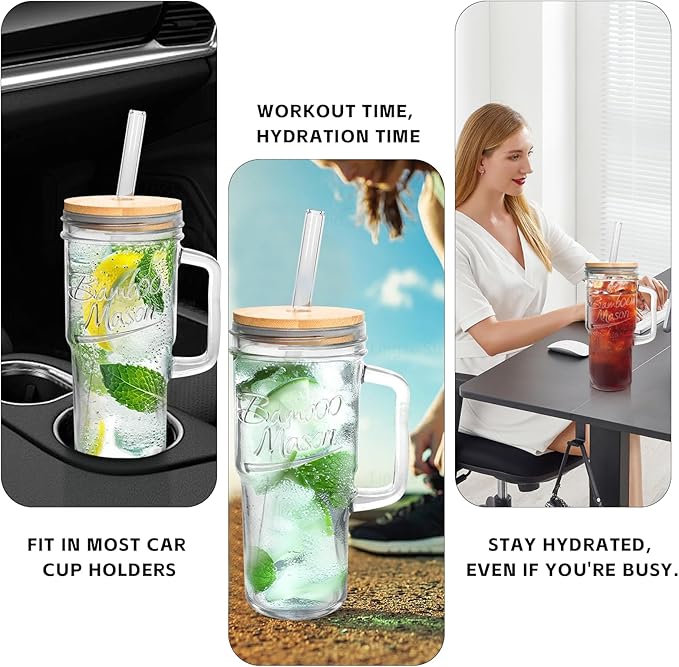ANOTION Glass Cups with Lids and Straws - 24oz Tumbler with Handle Coffee Cups Glass Straws Glasses Mason Jar Cups Drinking Set Kitchen Essentials Coffee Bar Accessories House Warming Gifts New Home