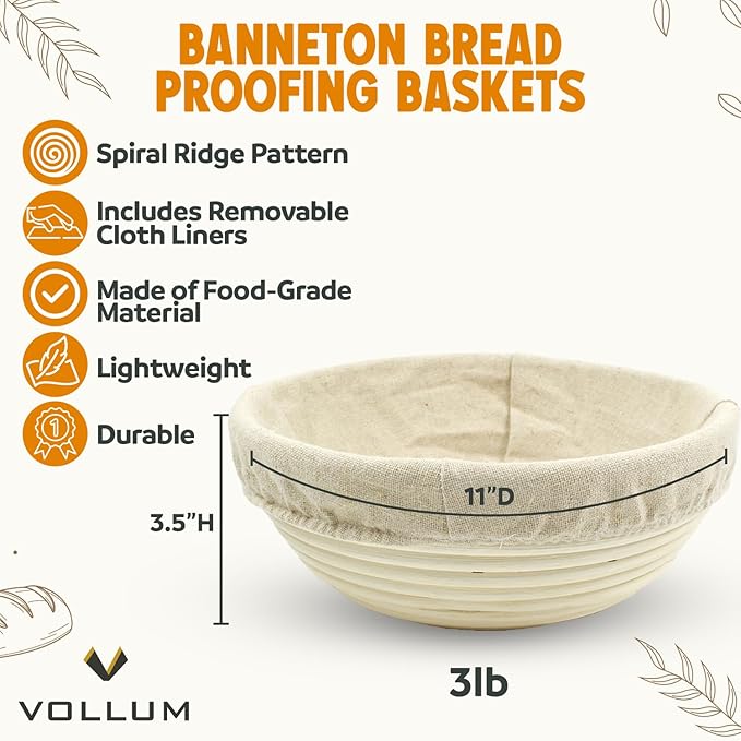 Banneton Bread Proofing Basket Sourdough Proofing Basket for Beginners & Professional Bakers, Handwoven Rattan Cane Bread Maker with Linen for Artisan Breads, 11 x 3.5 Inch, 3-Pound Round