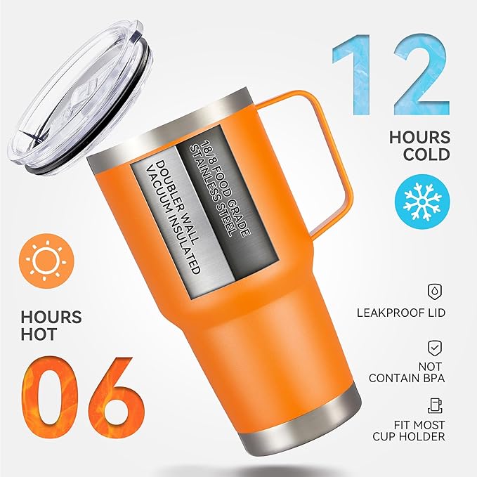 30 oz Tumbler with Handle and Lid, Stainless Steel Tumblers Bulk Double Wall Vacuum Insulated Travel Mug Leak Proof Cup Keep Drinks Cold and Hot Orange, 8 Pack