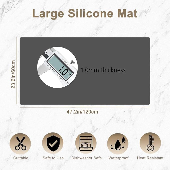 47.2"x23.6"(120cmx60cm) Large Silicone Mat for Kitchen Counter, Non-Slip Heat Resistant Countertop Protector, Waterproof Multipurpose Mat for Kitchen Island, Dark Gray