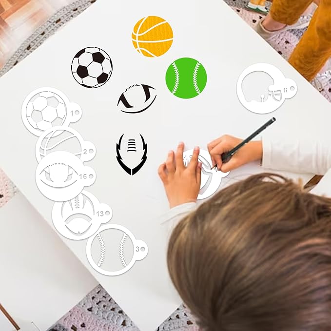 Small Sports Ball Stencil for Cakes Cupcake Cookie Decorating Stencils Reusable Football Basketball Baseball Golf Soccer Stencil on Baking Coffee Decorating Card Making (25 Sport Cookie)
