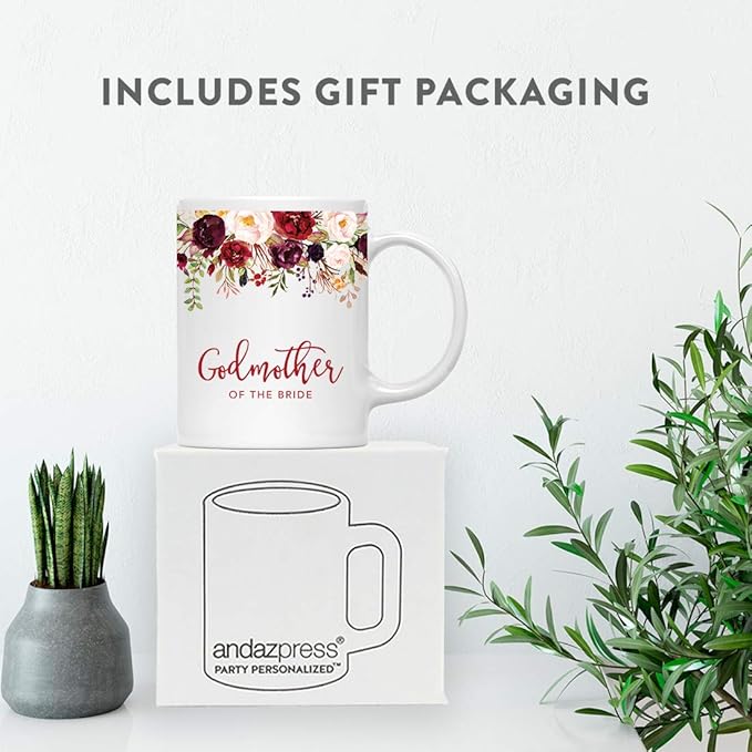Andaz Press 11oz. Wedding Ceramic Coffee Tea Mug Gift, Fall Autumn Marsala Burgundy Flowers Roses Florals, Godmother of the Bride, 1-Pack, Includes Gift Box