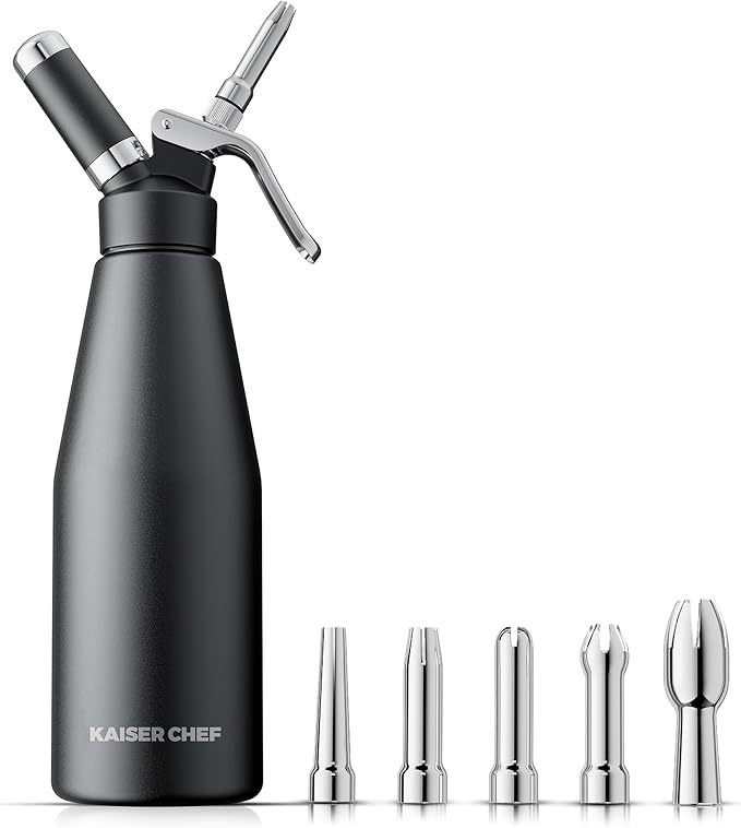 Professional Aluminum Whipped Cream Dispenser - 1000 mL/2 Pint,Whipped Cream Maker Canister with 5 Decorating Nozzles & Cleaning Brush - Need To Use N2O Chargers (Not Included) (Black, 1000ml)
