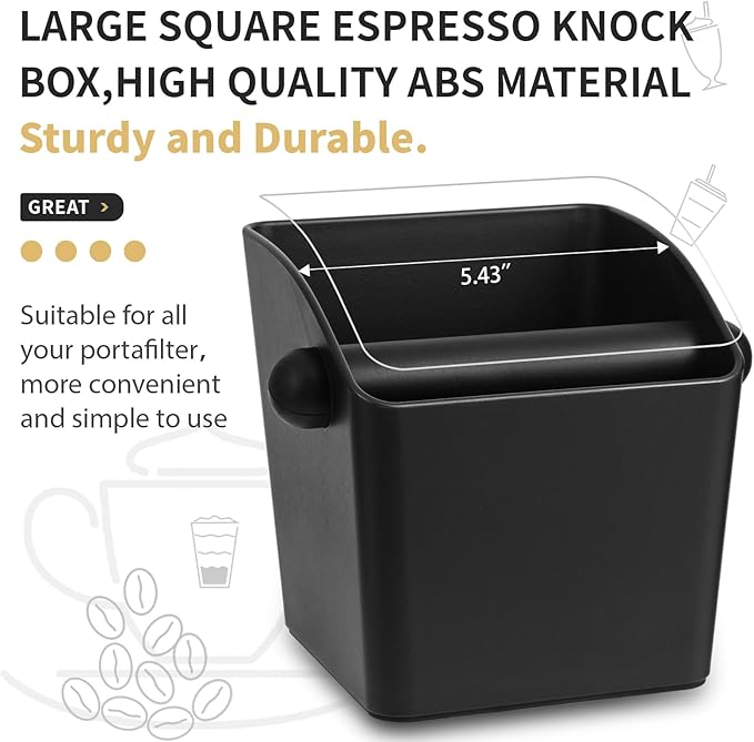 Large Square Knock Box Shock-absorbent Knock Box Espresso with Removable Knock Bar and Non-Slip Base Espresso Accessories for Home/Office (Large Black Knock Box with Tamper Mat)