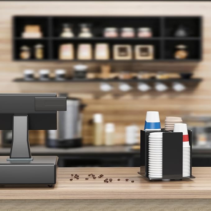 Cup and Lid Holder, 4 Compartment, Square | Rotating Coffee Cup Dispenser Lid Carousel for Restaurant, Buffet, Coffee Station, Bar, Countertop, Black Acrylic