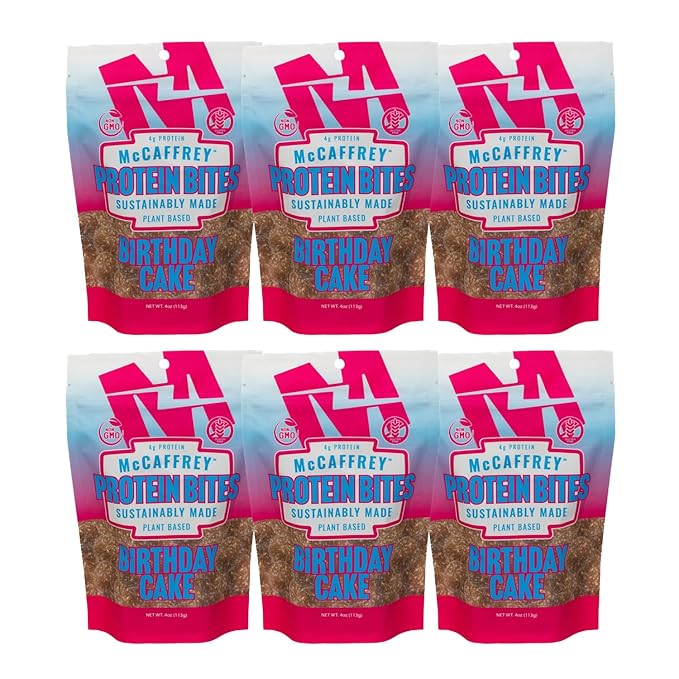 McCaffrey Protein Bites – Birthday Cake Flavor – 6 Multi-Serving 4oz Bags – 4g of Protein per Serving – Gluten-Free, Vegan, High Fiber Energy Snack for Active Families