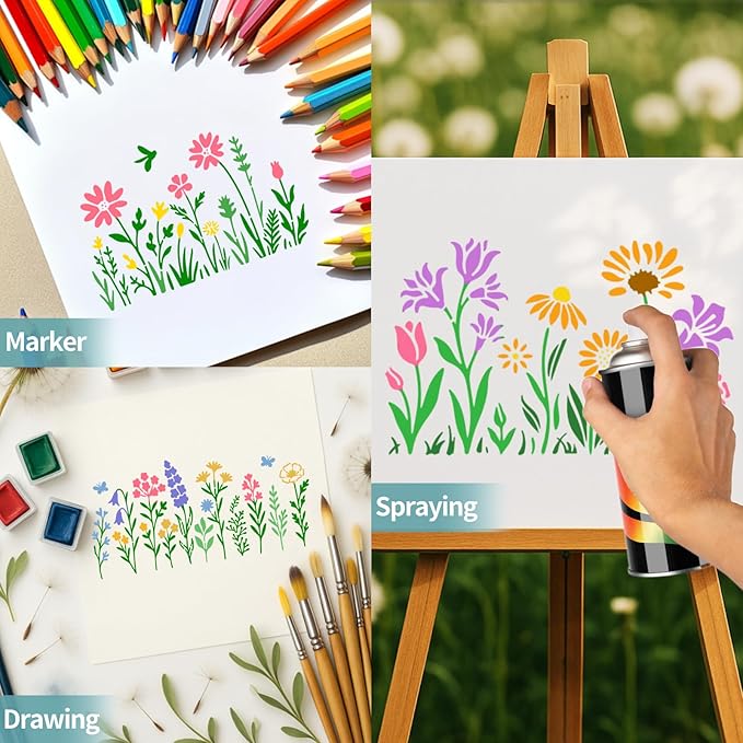 16PCS Large Flower Stencils for Painting Wildflower Stencils with Brushes Floral Spray Paint Stencil Reusable Drawing Template for Walls Garden Fence Furniture Card