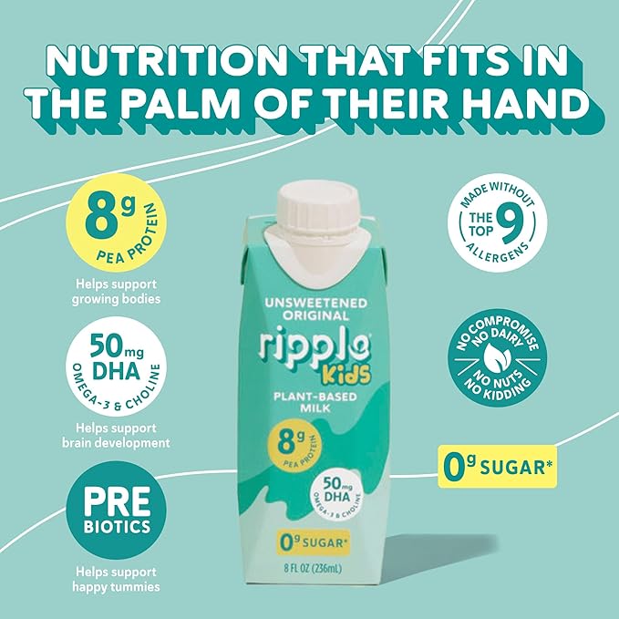 Ripple Kids Unsweetened Plant Based Milk | Pediatrician Recommended | 8g Pea Protein | Shelf Stable | Vegan & Non GMO Certififed | Dairy, Soy, Nut, Gluten, and Lactose Free | 8 Fl Oz (Pack of 12)