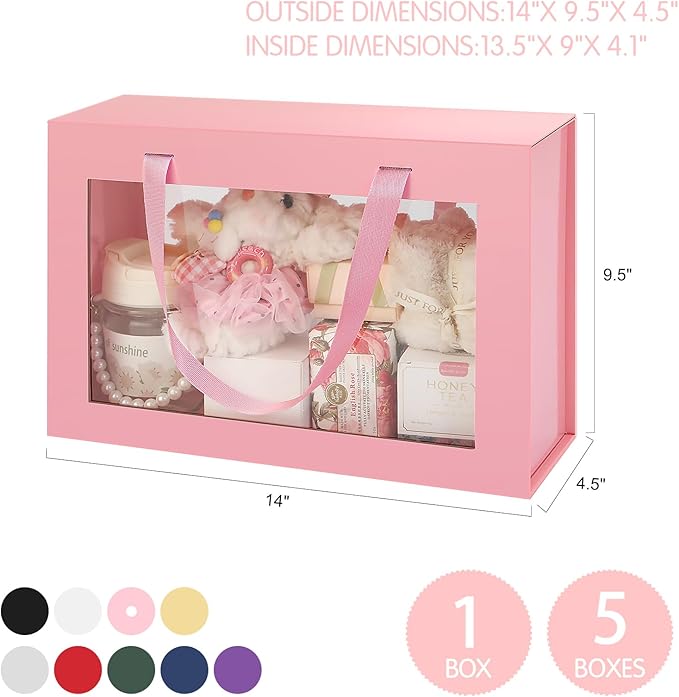 Large Pink Clear Gift Box, 13.5x9x4.1 Inches Gift Box with Window by Handle, Bridesmaid Proposal Box, Collapsible Gift Box with Magnetic Closure (Glossy Pink, 1 Pack)