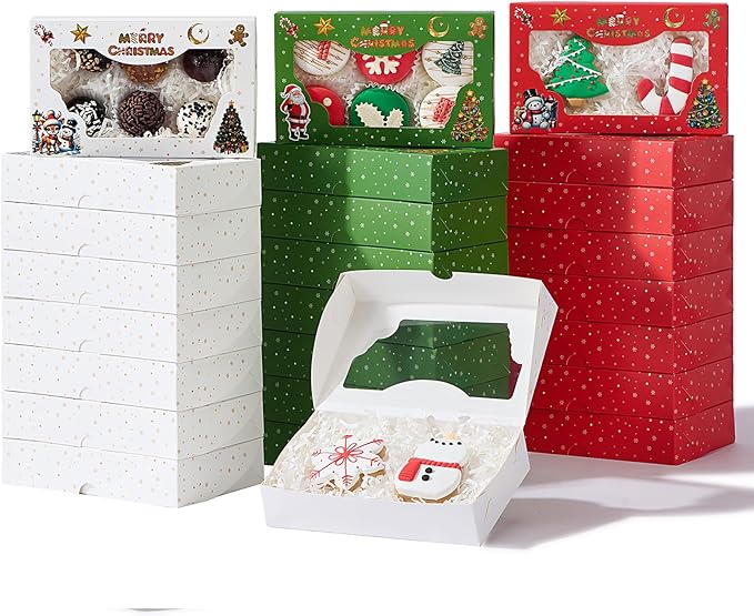 24 Pack 7x4.3x1.5Inch Christmas Bakery Boxes with 3 Patterns Clear Window Perfect for Packaging Macaron Cake Pop Chocolate Truffle Cookie Donut Pie Boxes for Treats & Holiday Party Favors