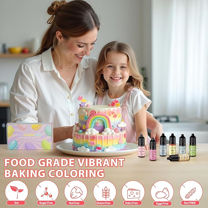 Food Coloring for Cake Decorating Macaron Edible Food Dye for Baking Royal Icing Cookie Supplies Gluten Free 7x12ml Food Grade Liquid Food Color Kits, 0.4 Fl. Oz/Bottles