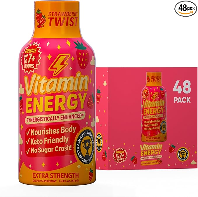 Vitamin Energy Immune+ Extra Strength Energy Shot Strawberry Twist 48 Pack, 260mg Natural Caffeine, B-Vitamins, Citicoline, Green Tea, Immunity & Focus Support, Zero Sugar, Gluten-Free 1.93 fl oz