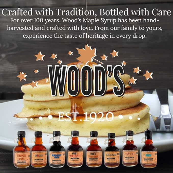 Wood’s Vermont Apple Pie Maple Syrup – Infused Vermont Maple Syrup with Warm Spices & Real Apple Flavor | Small-Batch, Vegan Natural Sweetener | Perfect for Pancakes, Ice Cream, Cocktails & Baking | 8.45 Fl Oz (250mL)