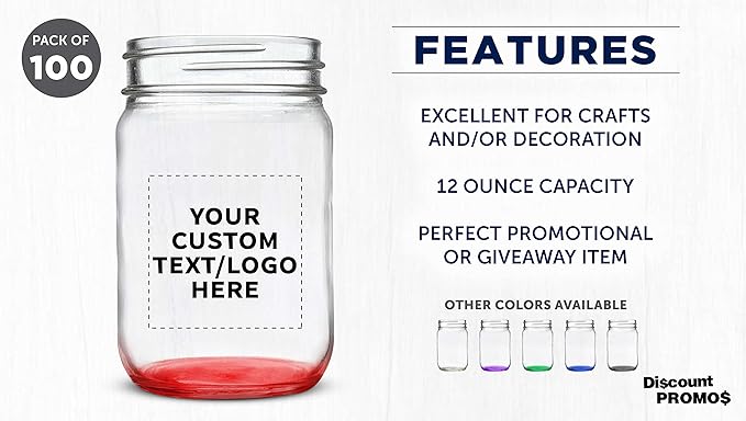 DISCOUNT PROMOS Custom Decorating Mason Jars 12 oz. Set of 100, Personalized Bulk Pack - Glass Jars for Overnight Oats, Candies, Fruits, Pickles, Spices, Beverages - Red