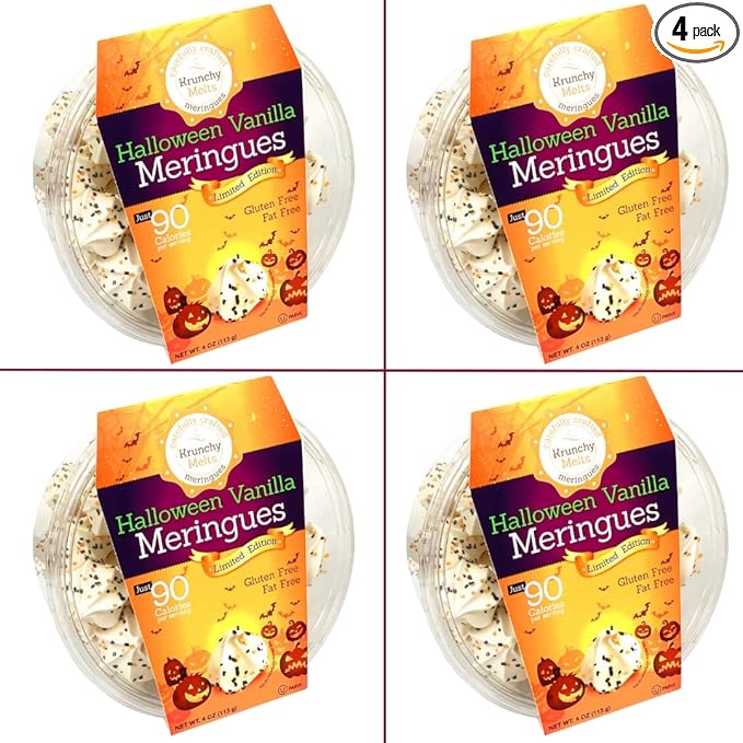 4 Pack Krunchy Melts Original Meringue Cookies | Halloween Vanilla 4-Pack | Only 90 Calories Per Serving | Fat Free, Gluten Free, Dairy Free (4 Oz)