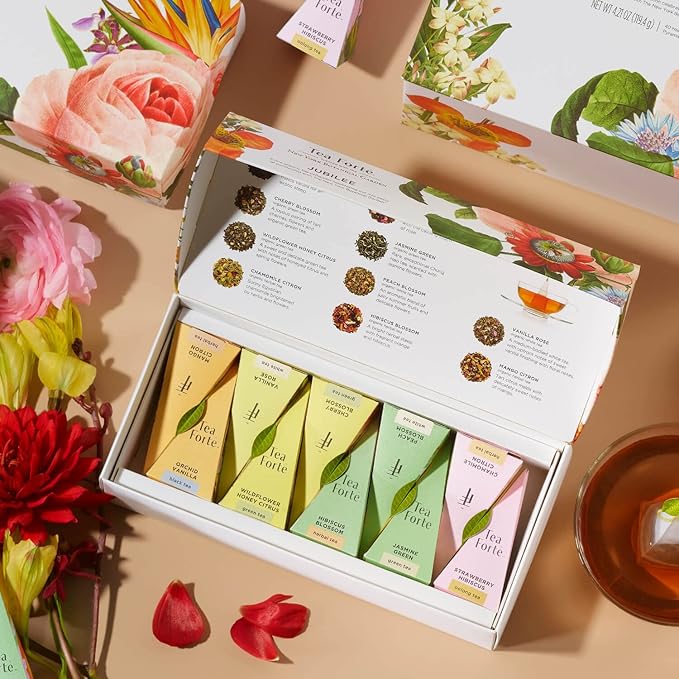 Tea Forte, Jubilee Petite Presentation Sampler Gift Box, Pyramid Infusers With Organic Loose Leaf, Green, Black, White, Herbal Assorted Tea, 1 Count (Pack of 1)
