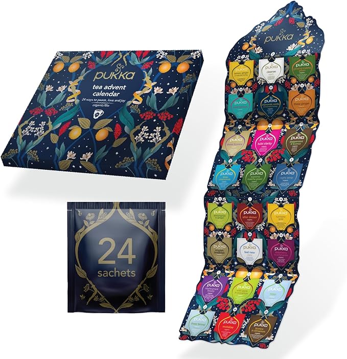 Pukka 2023 Advent Calendar Organic Tea, Herbal Tea Variety Pack, Selection of 24 Delightful Black & Green Teas and Infusions, 100% Organic