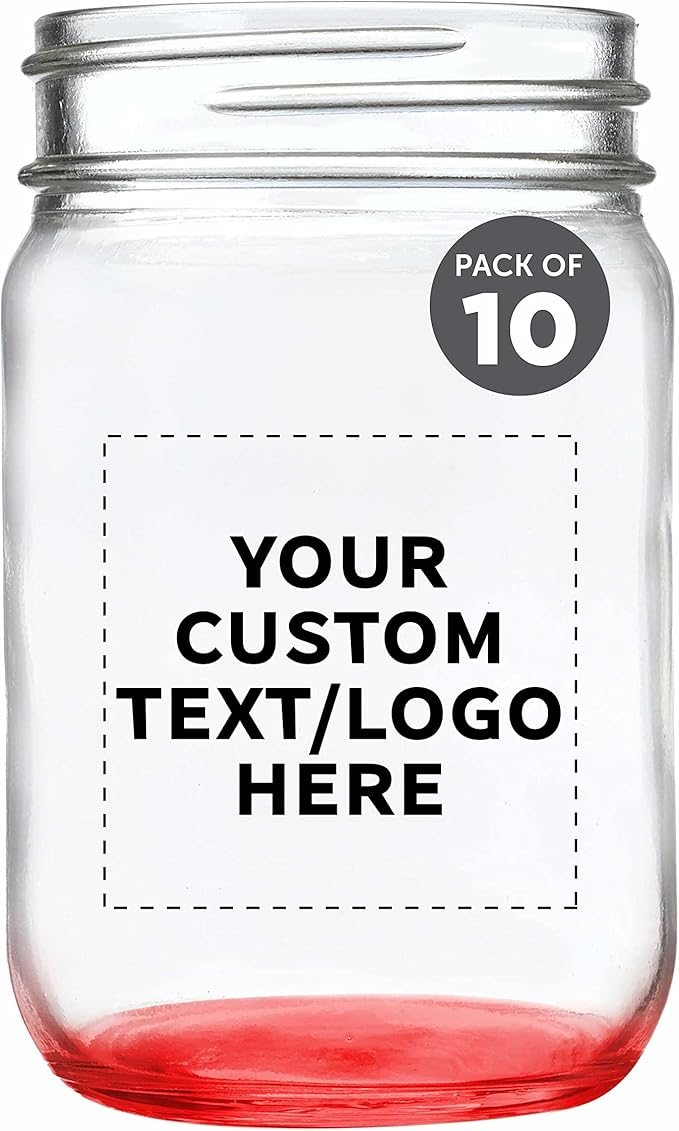 DISCOUNT PROMOS Custom Decorating Mason Jars 12 oz. Set of 10, Personalized Bulk Pack - Glass Jars for Overnight Oats, Candies, Fruits, Pickles, Spices, Beverages - Red