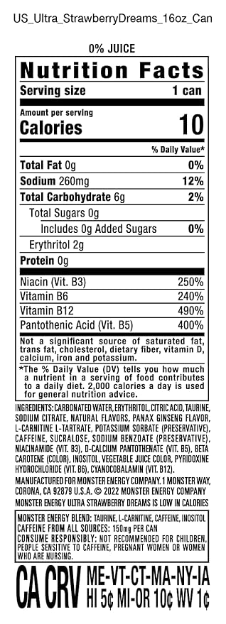 Monster Energy Ultra Strawberry Dreams, Sugar Free Energy Drink, 16 Ounce (Pack of 15)