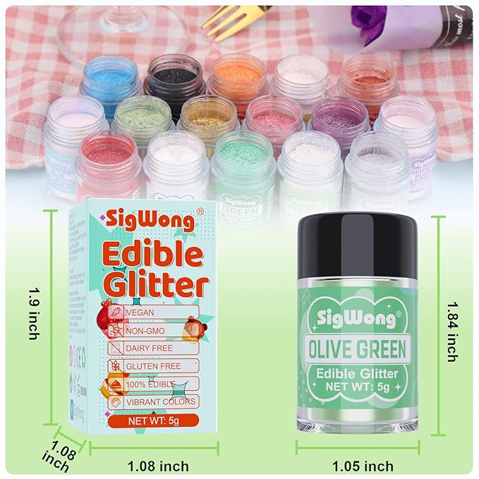 Olive Green Edible Glitter - 5g Food Grade Cake Decorating Shimmering Glitter, Edible Sprinkle Luster Dust for Drinks, Chocolates, Fondant, Strawberries, Cupcakes, Candy, Cookie - Vegan