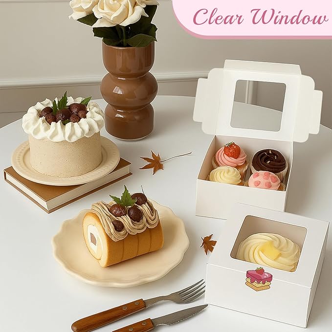 OAMCEG 30 Pack Cookie Boxes with Window 6x6x3 Inches White Bakery Treat Boxes with Stickers & Twine for Pastry, Desserts, Strawberries, Cupcakes, Gift Giving