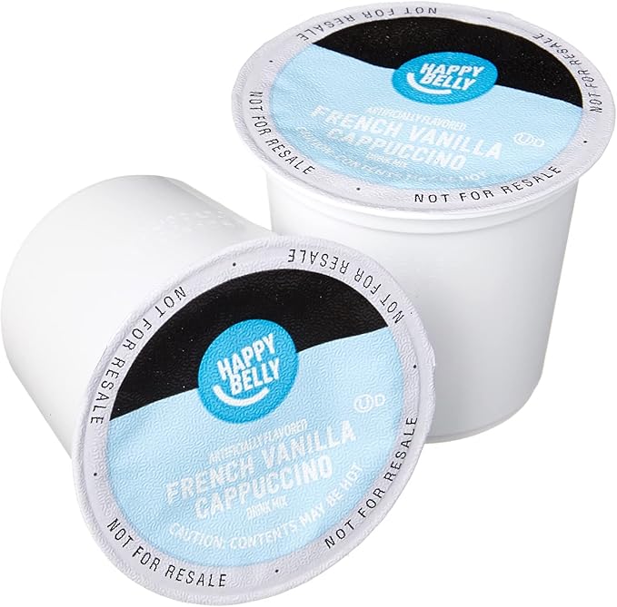 Amazon Brand - Happy Belly Cappuccino Coffee Pods Light Roast Compatible with 2.0 K-Cup Brewers, French Vanilla Flavored, 24 Count, 1.5 pound (Pack of 1)
