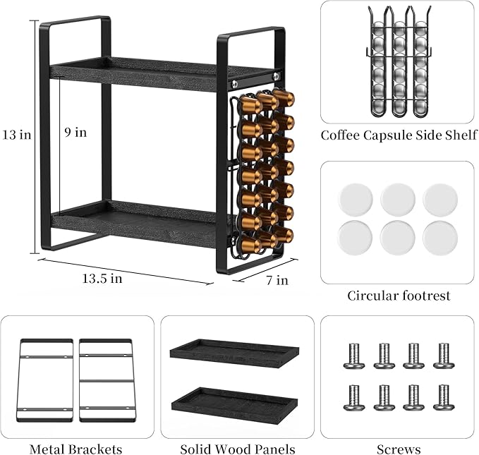 LEMIKKLE Coffee Station Organizer,Compatible with Nespresso Classic Pods 24pcs,Coffee Bar Accessories and Cup Storage Organizer, Wood Counter Shelves for Kitchen, Office, Countertop（Black