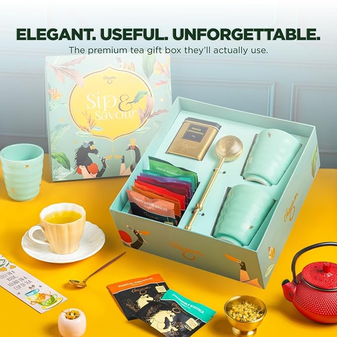 CHAYAM Tea Lover's Luxury Gift Basket with Cups & Infuser | 10 Assorted Tea Bags, Ginger Lemongrass Herbal Loose Leaf 50g/1.76oz, 2 Mugs & Lead-Free Premium Brass Infuser | Self-Care Gifts for Mom and Her