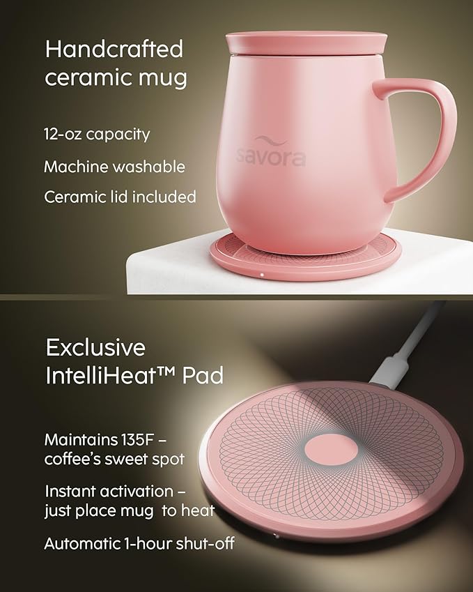 Temperature Control Smart Mug with Wireless Heating Pad - 12oz Ceramic Coffee Mug Warmer | Maintains 135°F Self Heating Cup | IntelliHeat Technology | USB-C Powered - Pink