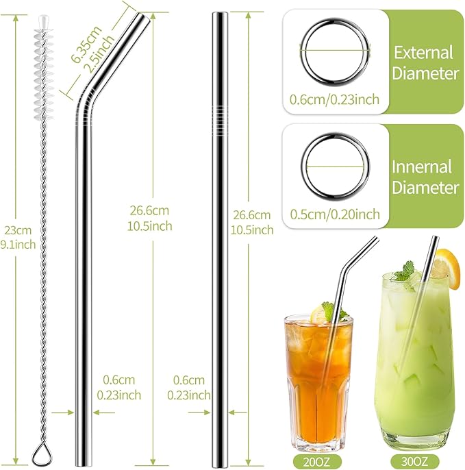 Set of 10 Stainless Steel Straws, HuaQi Bent Reusable Drinking Straws 10.5'' Long 0.24‘’ Dia for 30 oz Tumbler and 20 oz Tumbler, 2 Cleaning Brush Included