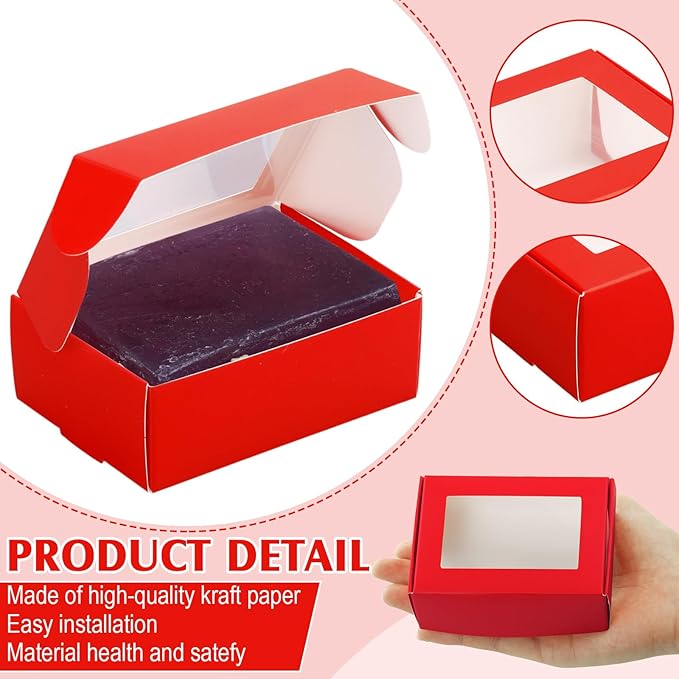 Zonon 30 Pcs Soap Boxes for Homemade Packaging, Mini Kraft Treat Boxes with Window for Bakery Candy Soap Making Gift Packaging (3.7 x 2.6 x 1.37 Inch,Red)