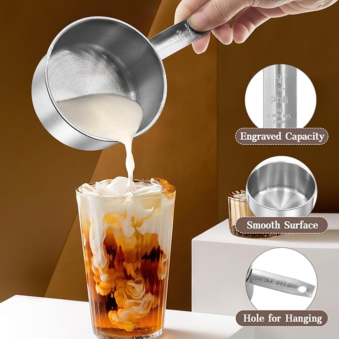 Stainless Steel Measuring Cup, Metal Measuring Cup, Small Measuring Scoops Coffee Scoop with Comfortable Hand for Kitchen Cooking Baking (4, 1 Cup)