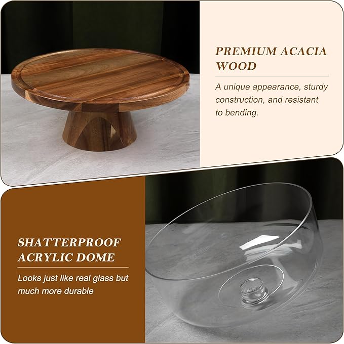 Bellsal Acacia Wood Cake Stand with Clear Acrylic Lid Dome Cover, 12in Cake Plate with Dome, Cake Display Stand with Cover, Cake Holder for Baking Gifts, Birthday Kitchen Party, Wedding