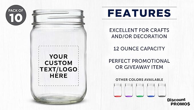 DISCOUNT PROMOS Custom Decorating Mason Jars 12 oz. Set of 10, Personalized Bulk Pack - Glass Jars for Overnight Oats, Candies, Fruits, Pickles, Spices, Beverages - Clear
