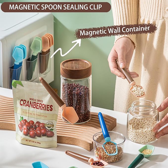 2 SET of 8 PCS Multi-functional sealing clip with measuring spoon Magnetic Coffee Measuring Spoon Sealing Clips with Wall Container Mount, PP materia, Deep Bowl Design (Blue)