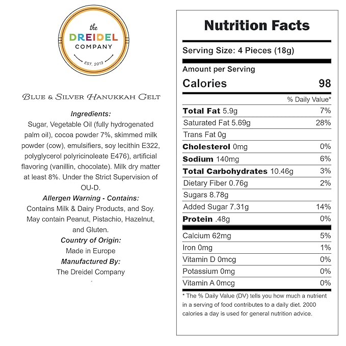 The Dreidel Company Blue & Silver Hanukkah Milk Chocolate Coins, Hanukkah Design Gelt, Gluten Free, Non GMO, Kosher Certified OU-D (25-Pack)