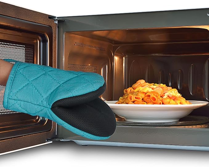 1 Pair Short Oven Mitts, Heat Resistant Silicone Kitchen Mini Oven Mitts for 500 Degrees, Non-Slip Grip Surfaces and Hanging Loop Gloves, Baking Grilling Barbecue Microwave Machine Washable