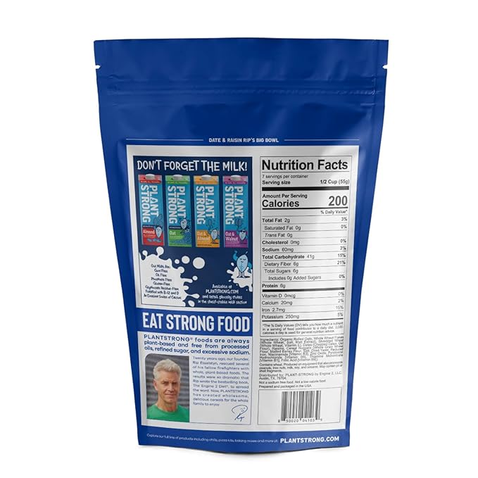 Rip's Big Bowl Cereal - PLANTSTRONG Date & Raisin (6-pack) Non-GMO Whole-Grain Plant-Based Oil Free Pack of 6 x 14oz Bags