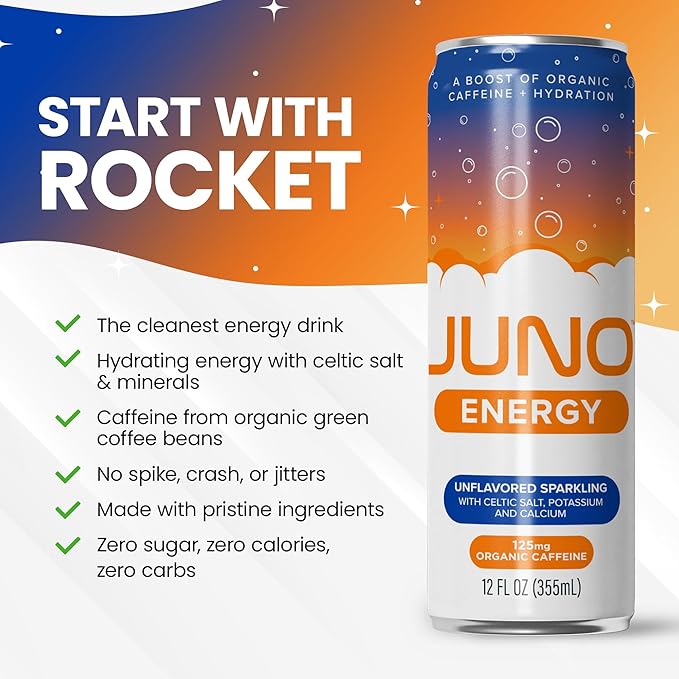 JUNO ENERGY Drink Unflavored Sparkling - Sugar Free Electrolytes, 125mg Organic Caffeine from Green Coffee Beans with Celtic Salt, Potassium & Calcium for Hydration & Energy - 12 Pack