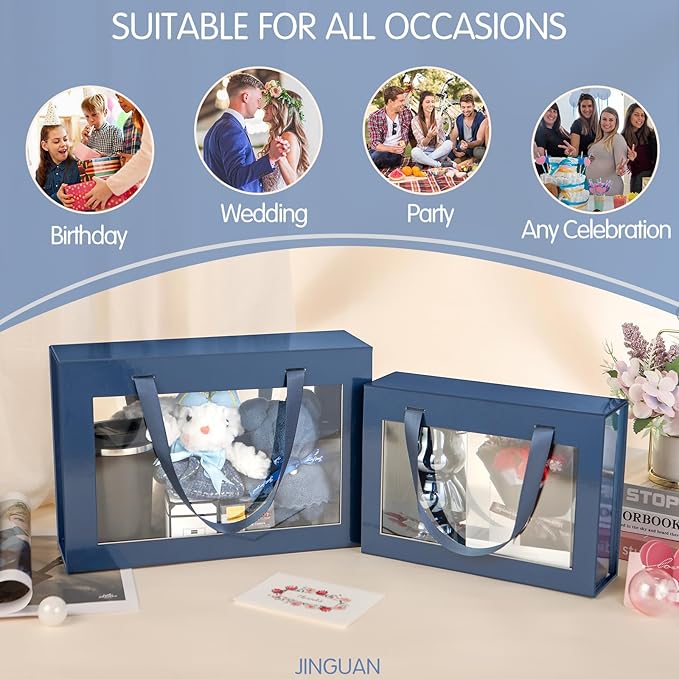 Large Navy Blue Clear Gift Box, 13.5x9x4.1 Inches, Groomsman Proposal Box, Collapsible Gift Box with Magnetic Closure (Glossy Navy Blue, 1 Pack)
