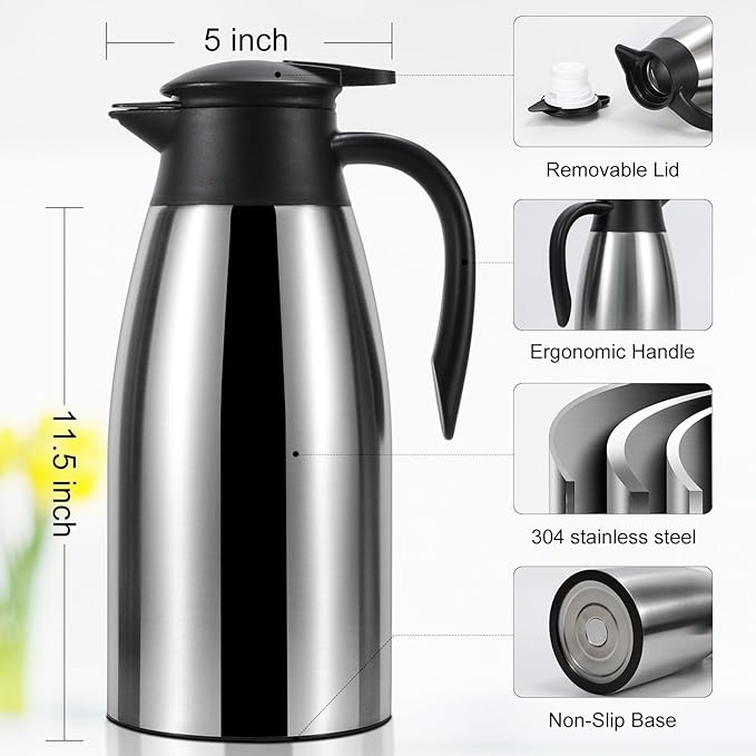 Thermal Coffee Carafe, Insulated Stainless Steel Coffee Carafes for Keeping Hot Coffee & Water Hot Beverage-12Hours, Double Walled Vacuum Coffee Carafe (silver+black)