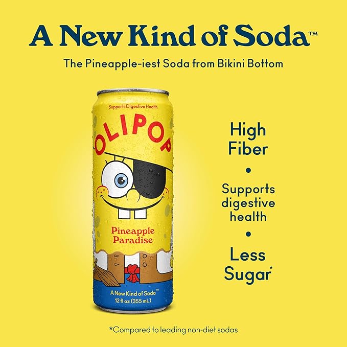 OLIPOP Prebiotic Soda Pop, SpongeBob Pineapple Paradise, Pantry Pack Packed with Prebiotics, Fiber, and Botanicals, Gluten Free, Vegan, GMO Free, 12oz Skinny Can (12-Cans)