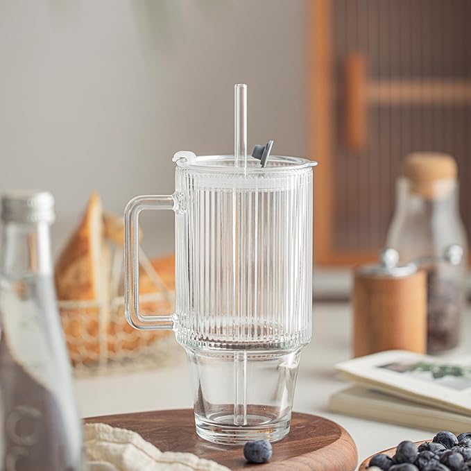 KEMORELA 24 Oz Ribbed Glass Tumblers with Lids and Straws, Tumbler Cup with Handle, Iced Coffee Glassware, Clear Reusable Drinkware for Smoothies and Beverages (1)