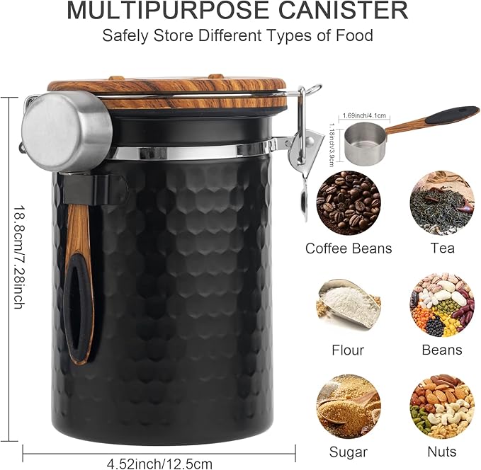 TEDSWAIT Coffee Canisters Airtight Coffee Bean Storage Container Kitchen Stainless Steel Food Storage Container with Scoop Date Tracker & CO2 Valve 61Fl Oz (Diamond Black)