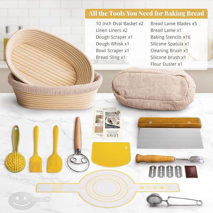 10 Inch Oval Banneton Bread Proofing Basket Sourdough Starter Kit, Sourdough Bread Baking Supplies with Bread Lame, Sling, Spatula, Scraper, Dough Whisk