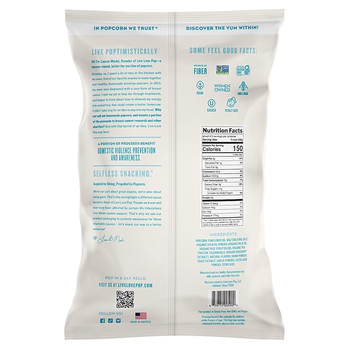 Live Love Pop White Cheddar Flavored Gourmet Popcorn, 4.4 Oz (Pack of 6), Healthy Snack, Gluten Free, Vegan & Non-GMO, Mission Driven Munchies