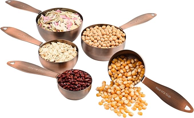 Copper Plated Measuring Cups and Spoons Set, 5 Stainless Steel Measuring Cups & 5 Metal Measuring Spoons Set with Leveler, US & Metric Kitchen Measure Cups & Spoons Set for Baking & Cooking