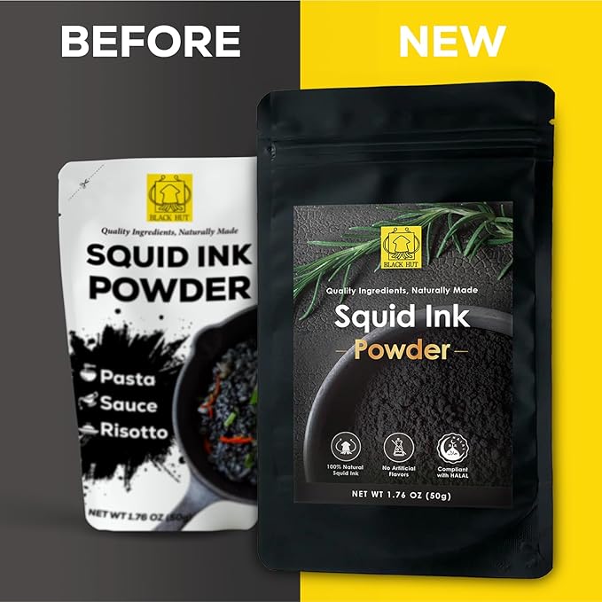 Black Hut Cuttlefish Squid Ink Powder, Perfect for Festive Baking & Cooking, Ideal for Rice, Noodles, Pasta, Spaghetti, Risotto, Tinta de Sepia, Halal Certified, Contains Molluscs, 1.76oz / 50g