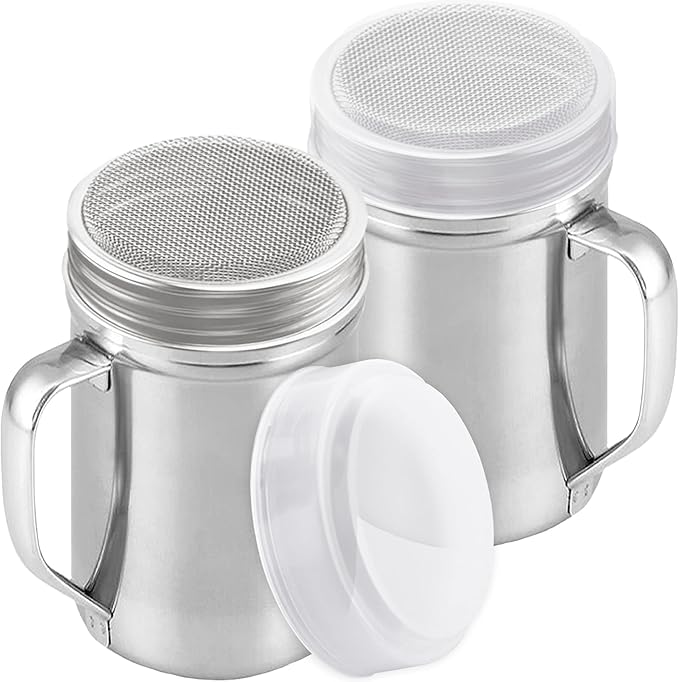 CUSINIUM Large Powdered Sugar Shaker Duster - With Handle - Cinnamon Shaker For Coffee Bar- Fine Mesh Dredge - 14 ounce, pack of 2 | Style: Fine